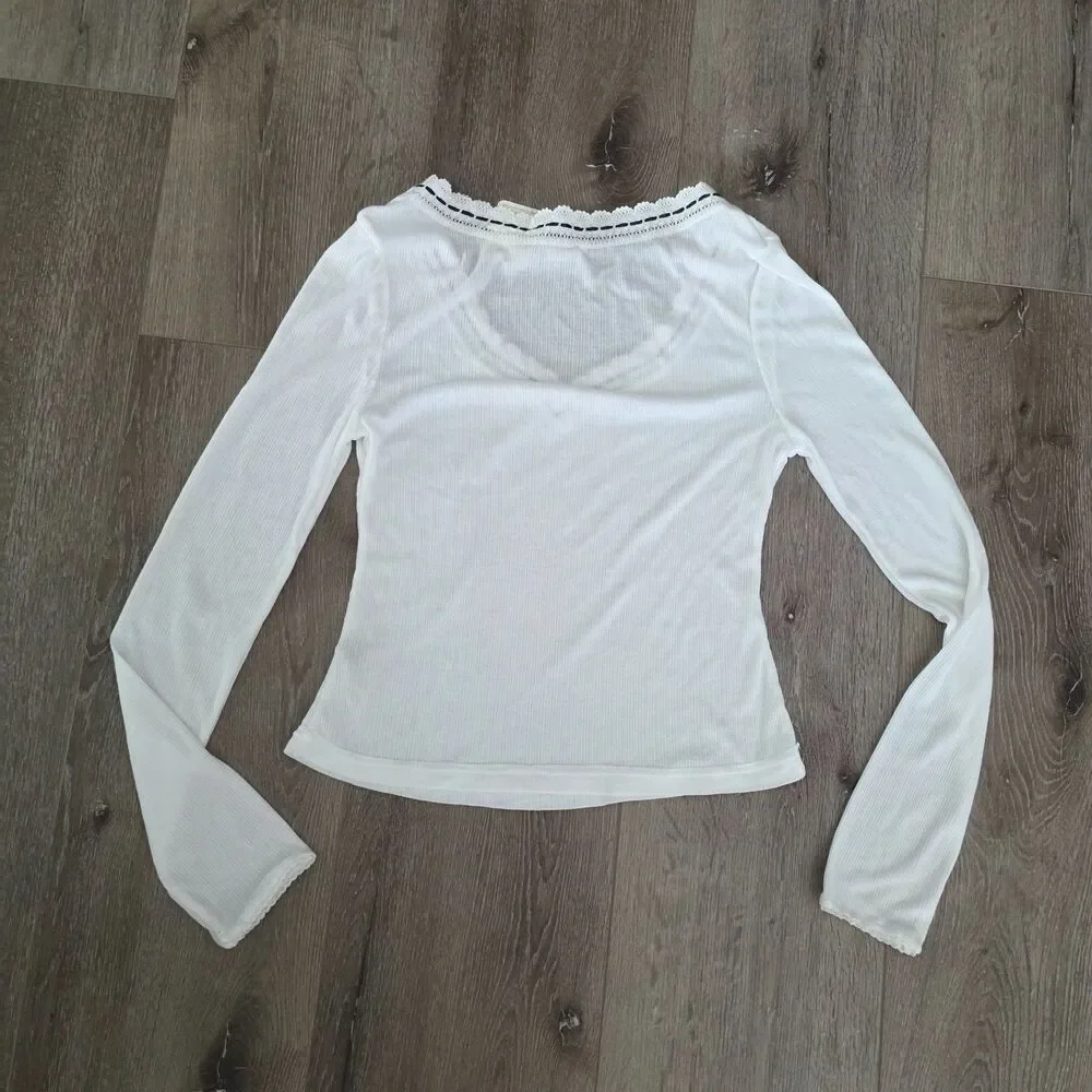 Intimately Free People M White Long Sleeve V Neck Top W Lace Ribbon Trim NWT
